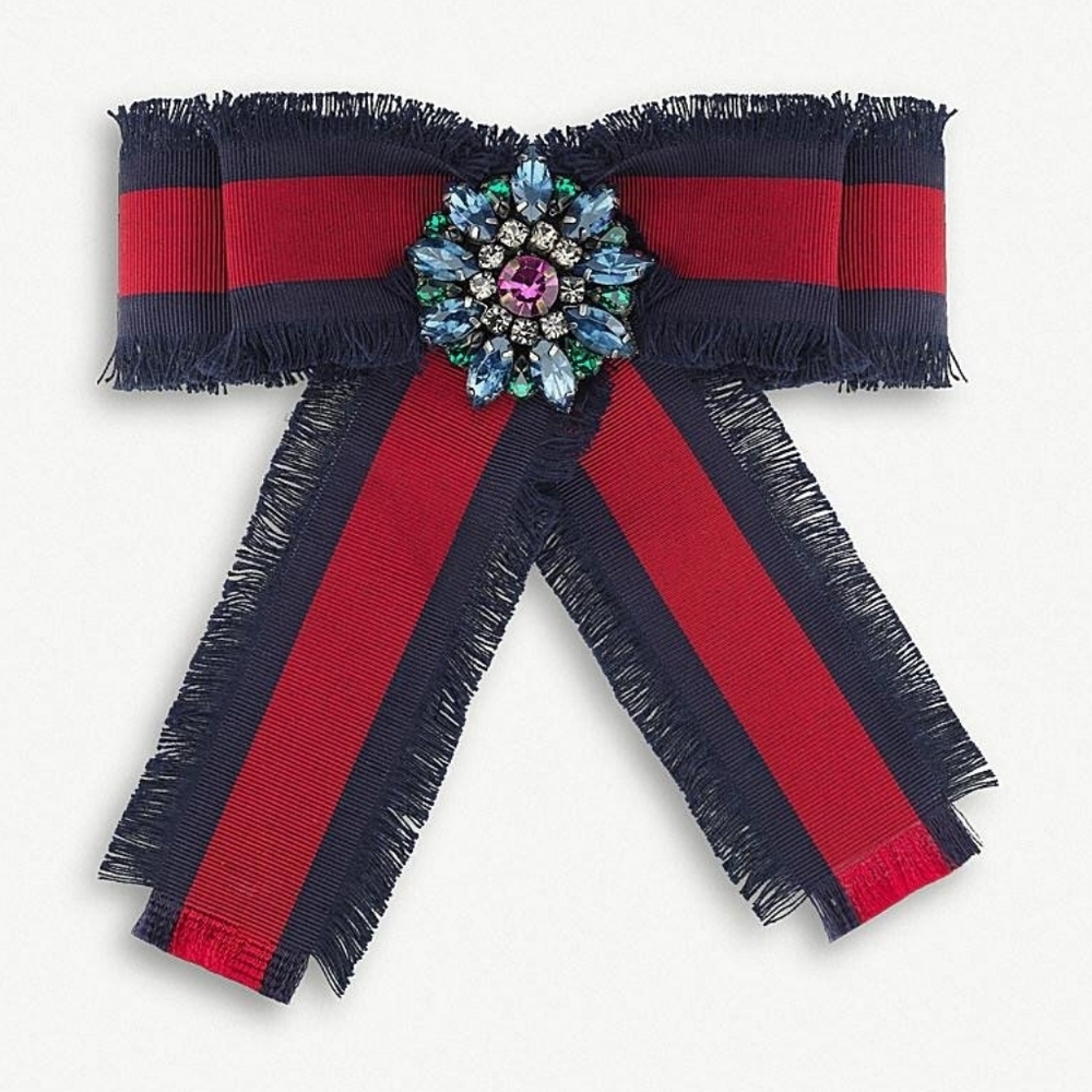 Gucci 💎 Iconic Bow Brooch Stripe Red Navy Blue Jewerly Accent